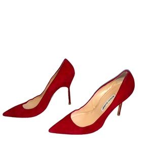 Manolo Blahnik Red Suede BB Pointed Toe Pumps Heels Size 41